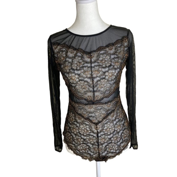 Long Sleeved Black / Tan Lace and Mesh Bodysuit w Back Cutout and Tie Size M - Picture 1 of 14